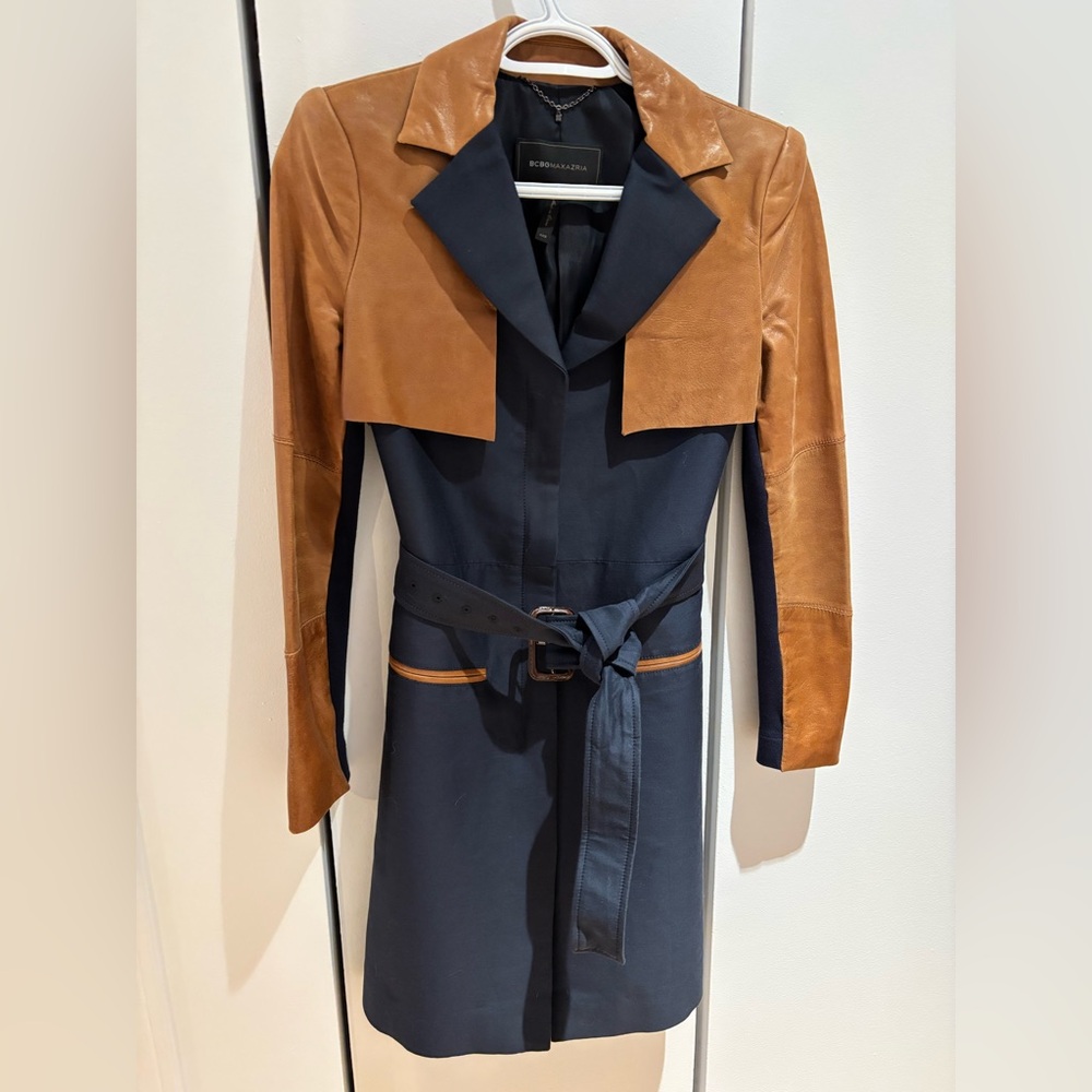 BCBGMaxAzria Tan and Navy Trench Coat